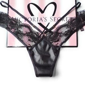 VICTORIA'S SECRET VERY SEXY Black Brazilian Panty VS Faux Leather Open Back M